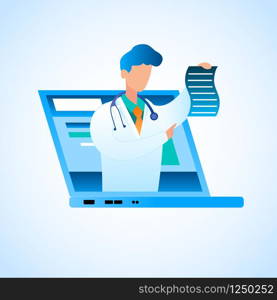 Vector Doctor Writes Prescription Online Treatment. Illustration Male Doctor in White Medical Gown, Placed Screen Laptop Monitor, Holds in his Hand Paper with Prescription for Treating Disease Patient