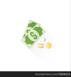 vector dollar bill and coins colored flat design isolated cash money illustration on white background with shadow&#xA;