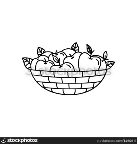 Vector doodle basket with apples. Cooking, cooking utensils, dishes, home items. Hand drawn illustration isolated on white background.