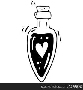 Vector doodle bottle of magic potion. Hand drawn illustration.. Vector doodle bottle of magic love potion. Hand drawn illustration