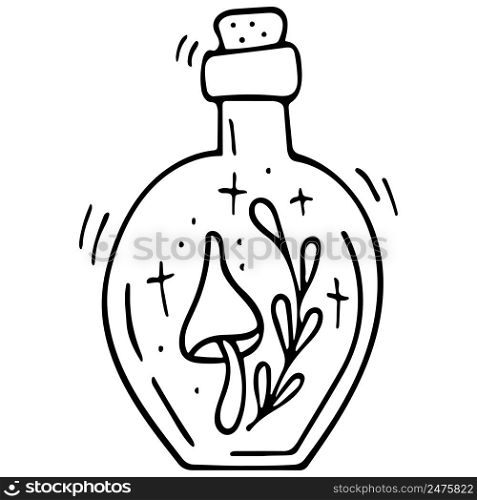 Vector doodle bottle of magic potion with mushroom and floral. Hand drawn illustration.. Vector doodle bottle of magic potion with mushroom and floral. Hand drawn illustration