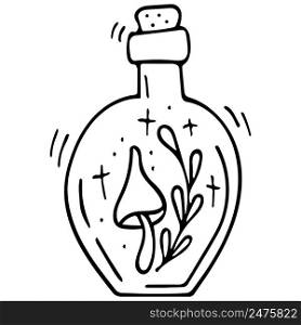 Vector doodle bottle of magic potion with mushroom and floral. Hand drawn illustration.. Vector doodle bottle of magic potion with mushroom and floral. Hand drawn illustration