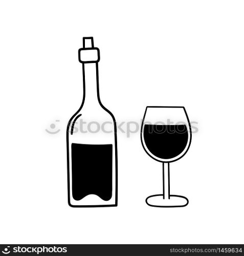 Vector doodle bottle of wine and glass. Cooking, kitchen utensils, home elements. hand illustration isolated on white background.