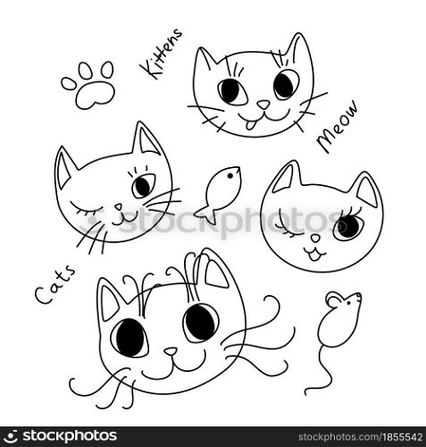 Vector Doodle Cat Faces with Text, Funny Design Element Set. Hand Drawn Kittens with Paw, Mouse and Fish with Editable Stroke Isolated on White Background.. Doodle Cat Faces with Text, Funny Design Element Set. Hand Drawn Kittens with Paw, Mouse and Fish with Editable Stroke Isolated on White Background.