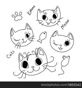 Vector Doodle Cat Faces with Text, Funny Design Element Set. Hand Drawn Kittens with Paw, Mouse and Fish with Editable Stroke Isolated on White Background.. Doodle Cat Faces with Text, Funny Design Element Set. Hand Drawn Kittens with Paw, Mouse and Fish with Editable Stroke Isolated on White Background.