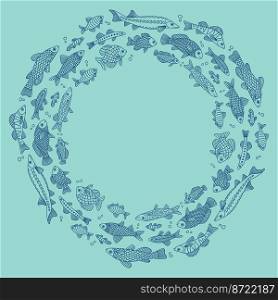 Vector doodle circle background with fishes of different shapes with various hand-drawn patterns, isolated