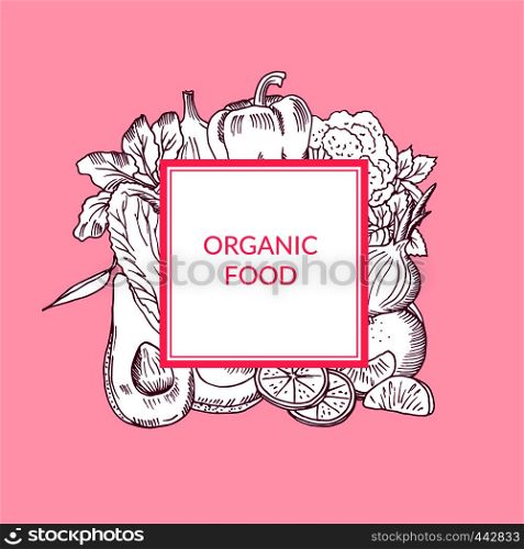 Vector doodle cketched fruits and vegetables vegan, healthy food emblem isolated on colored background. Organic food badge illustration. Vector doodle cketched fruits and vegetables vegan, healthy food emblem isolated on colored background