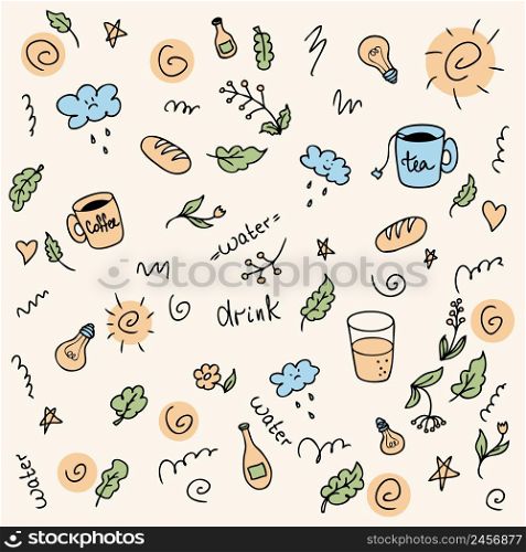 Vector doodle colorful pattern of drink more water summer theme. Cartoon style. Hand drawn vector illustration. Design for T-shirt, textile and prints.