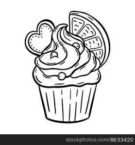 Vector doodle cupcake with cream hand drawn design. Sweet new year dessert with cookies isolated on white background. For print, coloring, logo.. Vector doodle cupcake with cream hand drawn design. Sweet new year dessert with cookies isolated on white background. For print, coloring, logo
