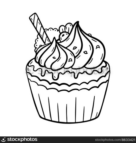Vector doodle cupcake with cream hand drawn design. Sweet new year dessert with cookies and berries isolated on white background. For print, coloring, logo.. Vector doodle cupcake with cream hand drawn design. Sweet new year dessert with cookies and berries isolated on white background. For print, coloring, logo