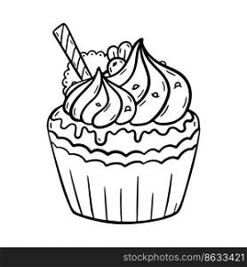 Vector doodle cupcake with cream hand drawn design. Sweet new year dessert with cookies and berries isolated on white background. For print, coloring, logo.. Vector doodle cupcake with cream hand drawn design. Sweet new year dessert with cookies and berries isolated on white background. For print, coloring, logo