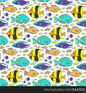 Vector doodle fishes pattern. Hand drawn marine seamless texture. Fabric swatch or kids textile.. Vector doodle fishes pattern. Hand drawn marine seamless texture. Fabric swatch or kids textile