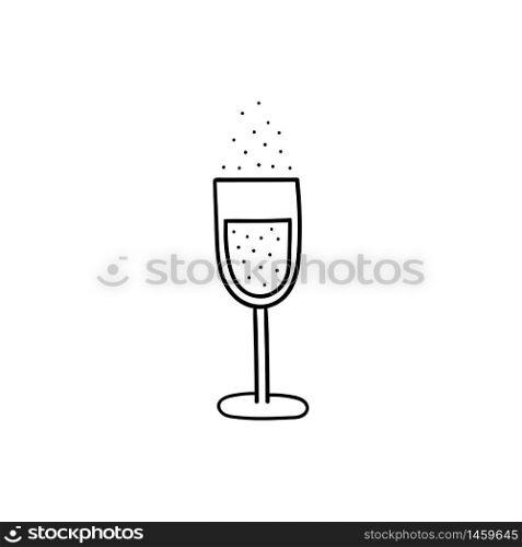 Vector doodle glass of champagne. Cooking, kitchen utensils, home elements. hand illustration isolated on white background.