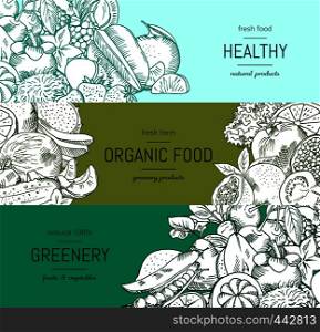 Vector doodle handdrawn vegetables and fruits vegan, healthy food banner set. Collection of fruit and vegetable organic and healthy illustration. Vector doodle handdrawn vegetables and fruits vegan, healthy food banner set