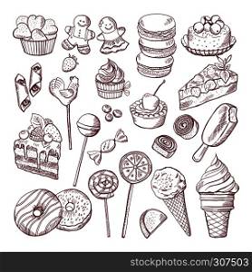 Vector doodle pictures of different desserts sweets and cakes. Sweet cake sketch doodle, illustration of sweet food. Vector doodle pictures of different desserts sweets and cakes