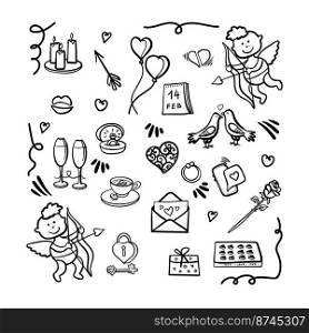 Vector doodle romantic seamless pattern. Black and white watercolor, ink hearts, love, lips, kisses, diamond rings.