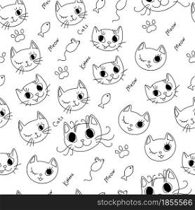 Vector Doodle Seamless Pattern with Cat Faces with Text, Funny Design Element Set. Hand Drawn Kittens with Paw, Mouse and Fish with Editable Stroke Isolated on White Background.. Doodle Seamless Pattern with Cat Faces with Text, Funny Design Element Set. Hand Drawn Kittens with Paw, Mouse and Fish with Editable Stroke Isolated on White Background.