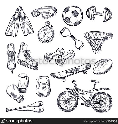 Vector doodle set of sport equipment. Hand drawn illustrations isolate on white background. Sport weight and box gloves, skates and football ball. Vector doodle set of sport equipment. Hand drawn illustrations isolate on white background