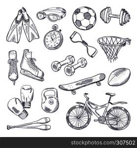 Vector doodle set of sport equipment. Hand drawn illustrations isolate on white background. Sport weight and box gloves, skates and football ball. Vector doodle set of sport equipment. Hand drawn illustrations isolate on white background