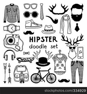 Vector doodle set with different hipster style elements vintage pants and beard, horns and skate illustration. Vector doodle set with different hipster style elements
