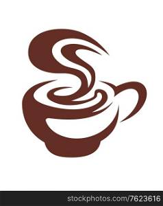 Vector doodle sketch in brown and white of a delicious hot cup of coffee with swirling steam for fast food design