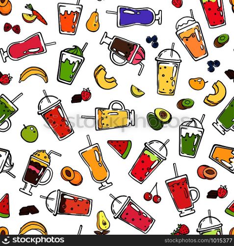 Vector doodle smoothie pattern or background illustration. Pattern fruit fresh for smoothie drink, summer food strawberry and cherry. Vector doodle smoothie pattern or background illustration