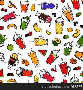 Vector doodle smoothie pattern or background illustration. Pattern fruit fresh for smoothie drink, summer food strawberry and cherry. Vector doodle smoothie pattern or background illustration