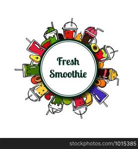 Vector doodle smoothie under circle with place for text illustration isolated on whire. Vector doodle smoothie circle with place for text illustration