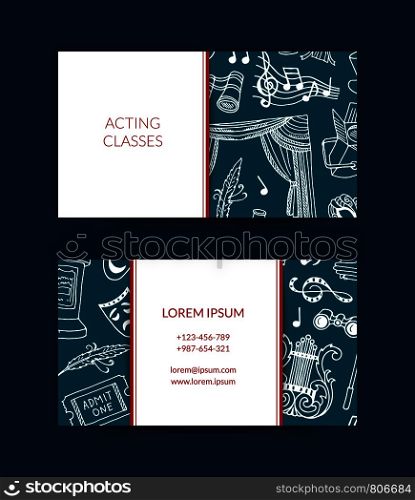 Vector doodle theatre elements business card template for talent agency or acting classes isolated illustration. Vector doodle theatre elements business card template