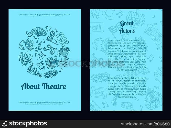 Vector doodle theatre elements card, flyer or brochure template for talent agency or acting classes illustration. Vector doodle theatre elements card, flyer or brochure