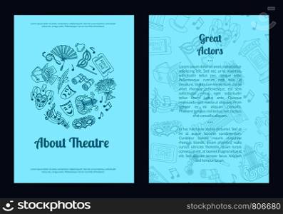 Vector doodle theatre elements card, flyer or brochure template for talent agency or acting classes illustration. Vector doodle theatre elements card, flyer or brochure