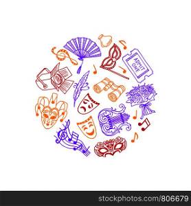 Vector doodle theatre elements gathered in circle illustration isolated on white. Vector doodle theatre elements in circle illustration