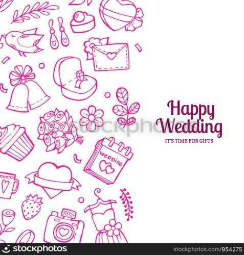 Vector doodle wedding elements background with place for text illustration isolated on white. Vector doodle wedding with place for text illustration