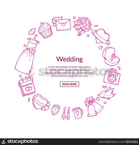 Vector doodle wedding elements in circle shape with place for text illustration. Vector doodle wedding with place for text illustration