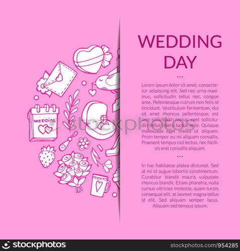 Vector doodle wedding elements in paper pocket background with place for text and shadows illustration. Vector doodle wedding elements background with place for text