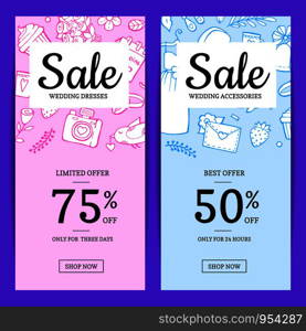 Vector doodle wedding elements sale web banner templates illustration. Sale banner card to wedding holiday. Vector doodle wedding elements sale web banner templates illustration