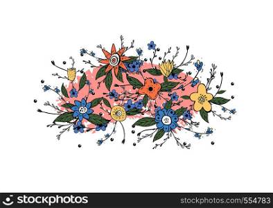 Vector doodle wild flowers and leaves composition.
