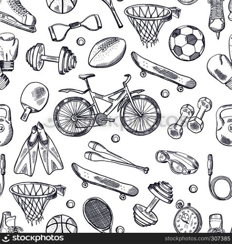 Vector doodles hand drawn seamless pattern of different sport accessories. Sport sketch pattern, soccer and football ball, swimming and boxing sport illustration. Vector doodles hand drawn seamless pattern of different sport accessories