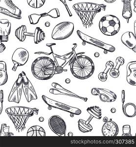 Vector doodles hand drawn seamless pattern of different sport accessories. Sport sketch pattern, soccer and football ball, swimming and boxing sport illustration. Vector doodles hand drawn seamless pattern of different sport accessories