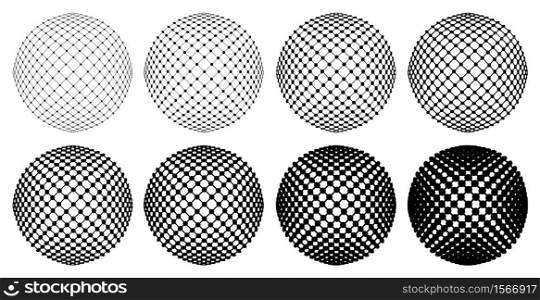 Vector dotted striped spheres set. Abstract background. Set of circles with different sizes of dots.. Vector dotted striped spheres set.
