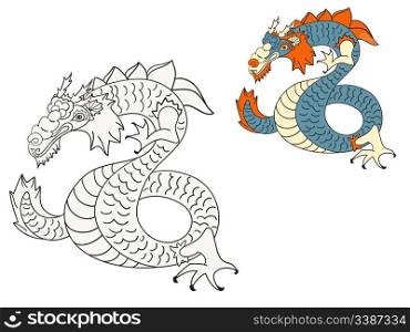 vector dragon coloring page with example in color