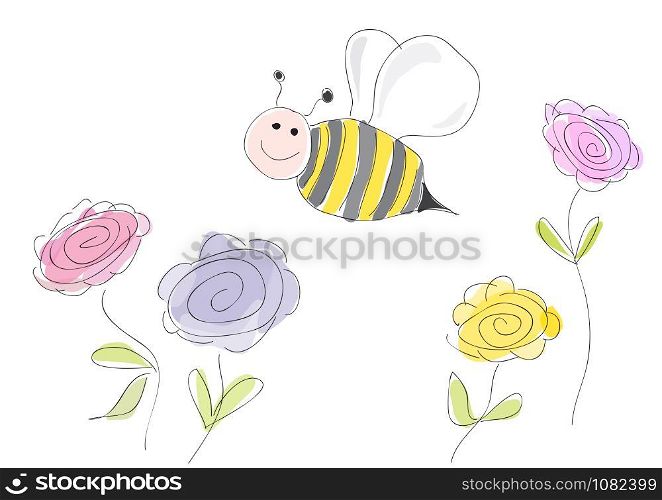 vector drawing bee on flowers