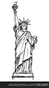 Vector Drawing Illustration of the Statue of Liberty Wearing face mask protection due the coronavirus COVID-19 epidemic outbreak in the New York City, United States.. Vector Sketchy Illustration of The Statue of Liberty Wearing Face Mask. Concept of Coronavirus COVID-19 Epidemic in the New York City.