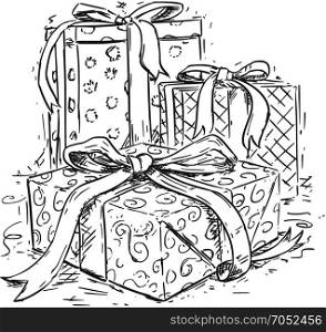 Vector drawing illustration of three christmas gift boxes with ribbon and decorative wrap.