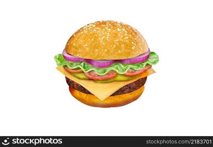 Vector drawing of a hamburger with cheese, tomatoes, chop, lettuce, onion, cucumber. Illustration for fast food menu design. Isolated hamburger icons