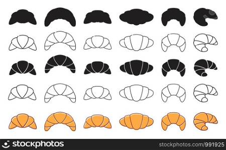vector drawing of black and white, colored and thin line croissant icons. french food breakfast pastry symbol. croissant bakery design. set of fresh croissants
