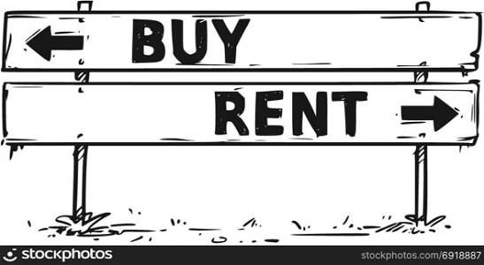 Vector drawing of buy or rent road block arrow sign.