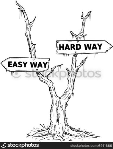 Vector drawing of dead swamp or desert tree with easy or hard way business decision arrow signs.