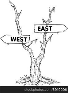 Vector drawing of dead swamp or desert tree with west or east business decision arrow signs.