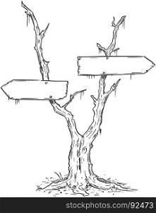 Vector drawing of dead swamp tree with decision arrow signs.